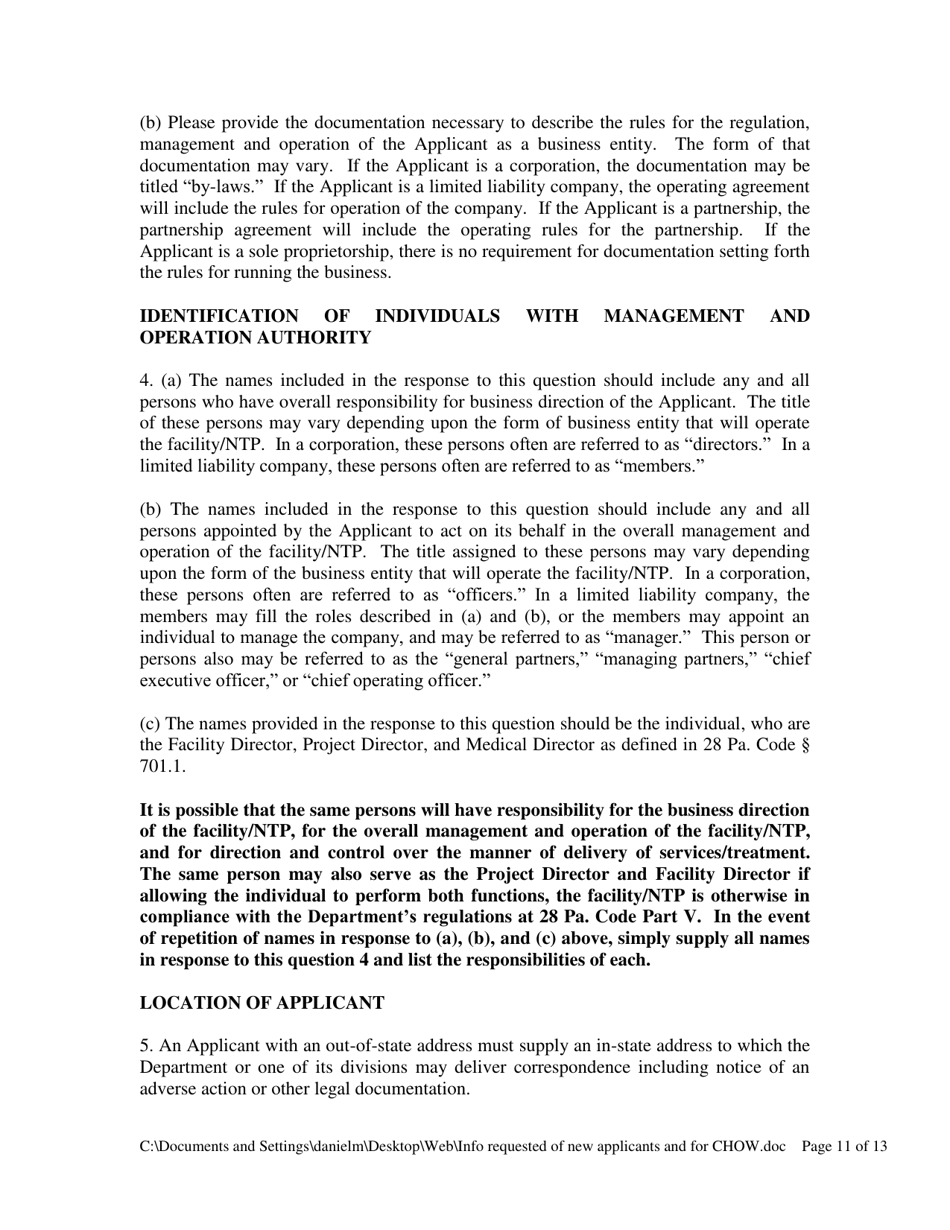 Information Requested of Persons and Entities Applying to Operate a Drug and Alcohol Treatment Facility / Narcotic Treatment Program or Changing Ownership at a Drug and Alcohol Treatment Facility / Narcotic Treatment Program - Pennsylvania, Page 11