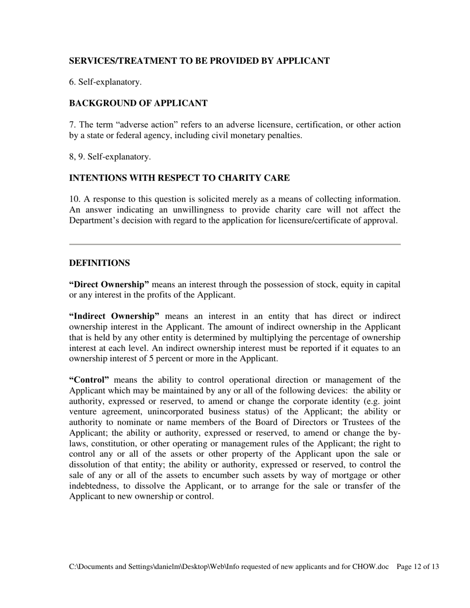 Information Requested of Persons and Entities Applying to Operate a Drug and Alcohol Treatment Facility / Narcotic Treatment Program or Changing Ownership at a Drug and Alcohol Treatment Facility / Narcotic Treatment Program - Pennsylvania, Page 12