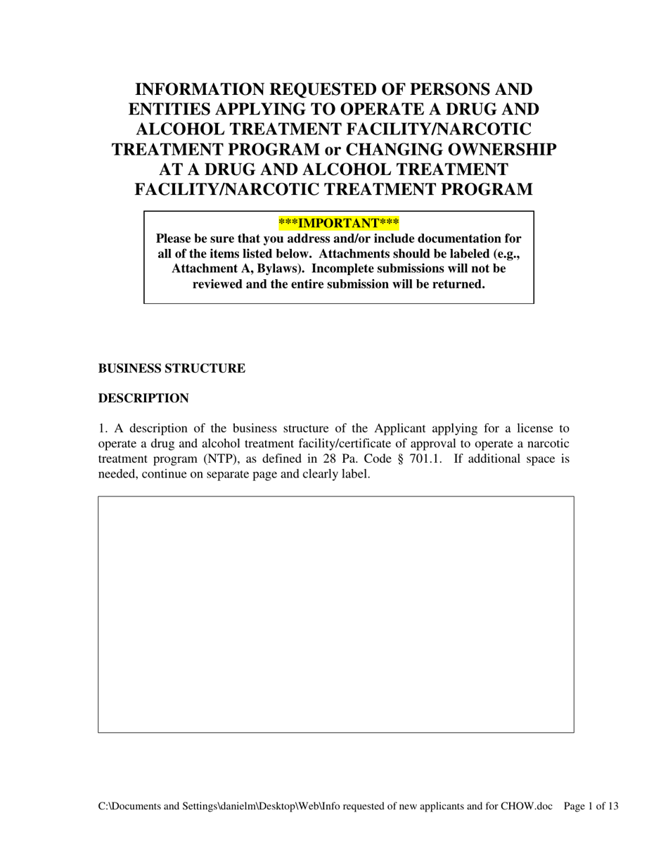 Information Requested of Persons and Entities Applying to Operate a Drug and Alcohol Treatment Facility / Narcotic Treatment Program or Changing Ownership at a Drug and Alcohol Treatment Facility / Narcotic Treatment Program - Pennsylvania, Page 1