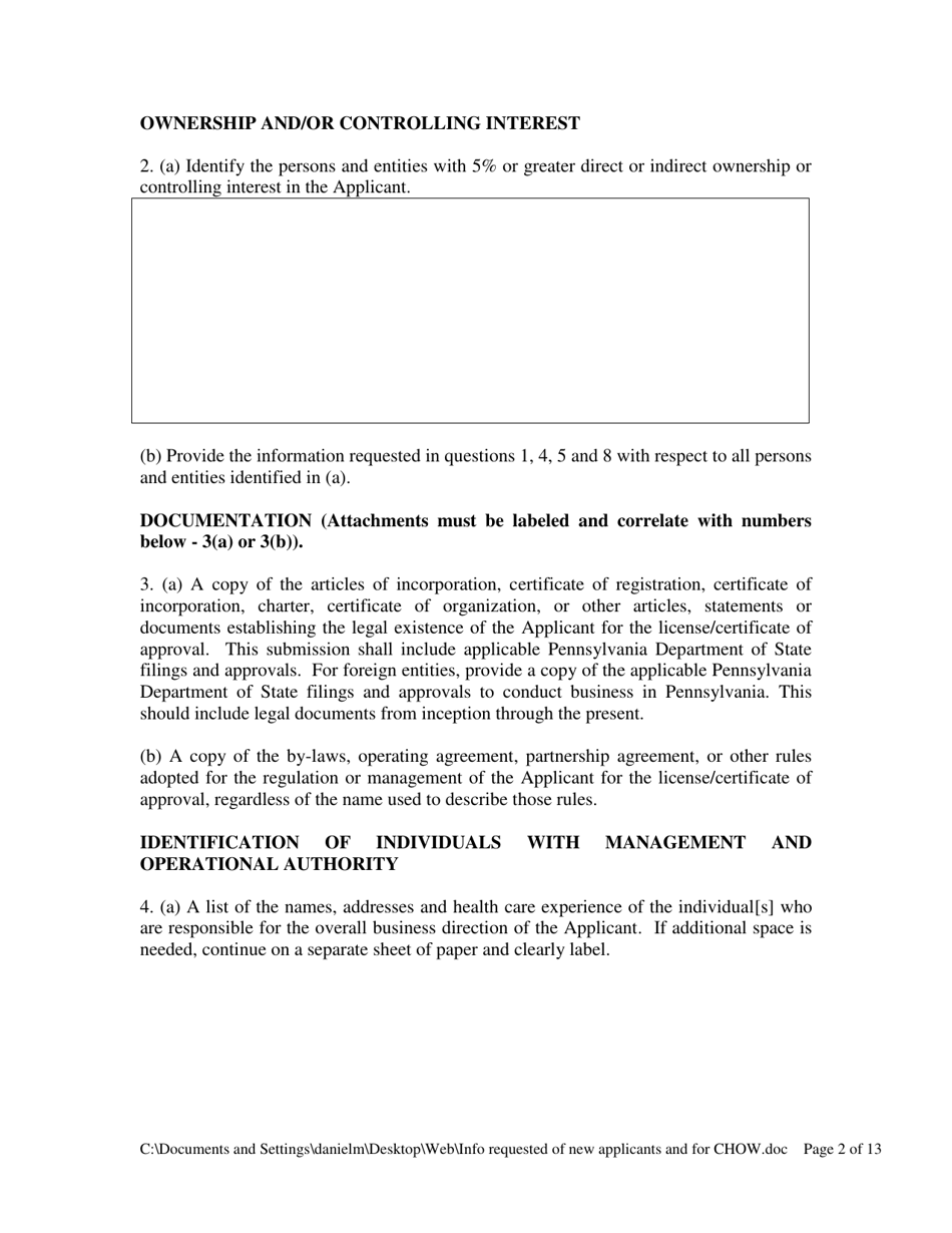 Information Requested of Persons and Entities Applying to Operate a Drug and Alcohol Treatment Facility / Narcotic Treatment Program or Changing Ownership at a Drug and Alcohol Treatment Facility / Narcotic Treatment Program - Pennsylvania, Page 2