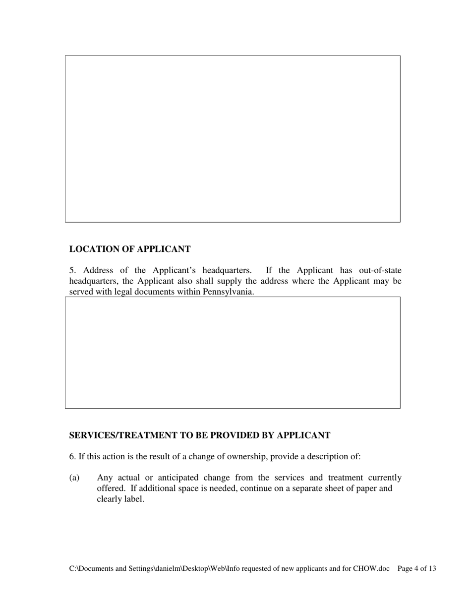 Information Requested of Persons and Entities Applying to Operate a Drug and Alcohol Treatment Facility / Narcotic Treatment Program or Changing Ownership at a Drug and Alcohol Treatment Facility / Narcotic Treatment Program - Pennsylvania, Page 4