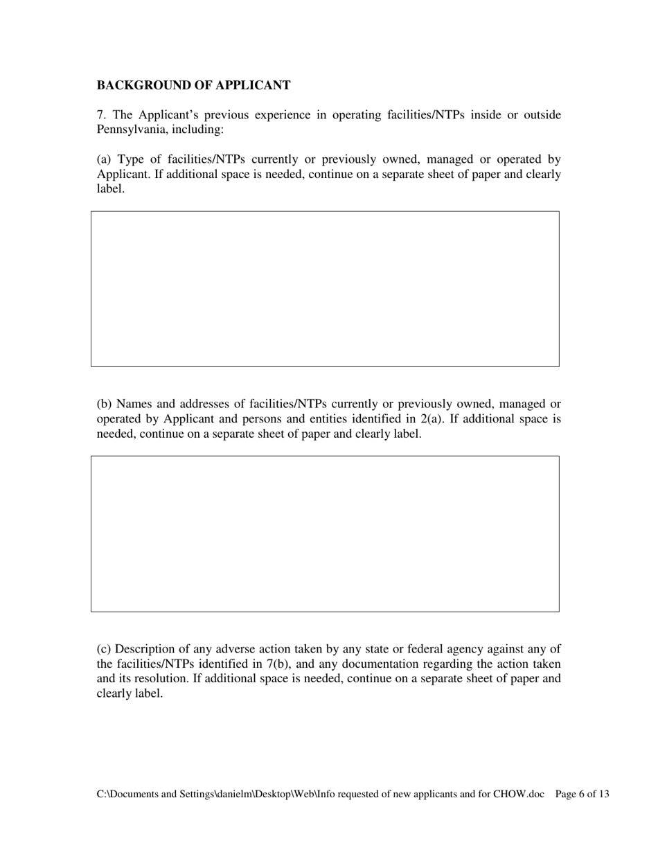 Information Requested of Persons and Entities Applying to Operate a Drug and Alcohol Treatment Facility / Narcotic Treatment Program or Changing Ownership at a Drug and Alcohol Treatment Facility / Narcotic Treatment Program - Pennsylvania, Page 6