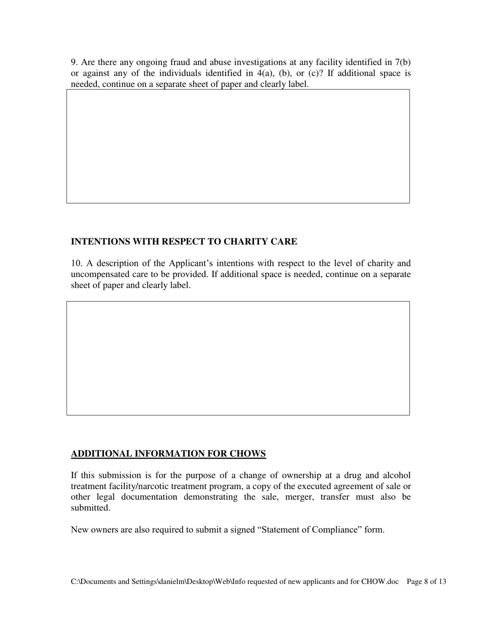 Information Requested of Persons and Entities Applying to Operate a Drug and Alcohol Treatment Facility / Narcotic Treatment Program or Changing Ownership at a Drug and Alcohol Treatment Facility / Narcotic Treatment Program - Pennsylvania, Page 8