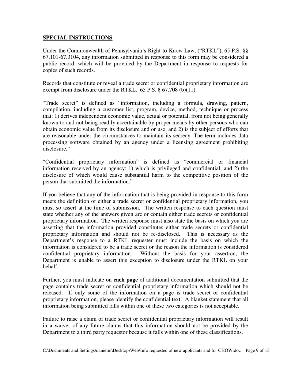 Information Requested of Persons and Entities Applying to Operate a Drug and Alcohol Treatment Facility / Narcotic Treatment Program or Changing Ownership at a Drug and Alcohol Treatment Facility / Narcotic Treatment Program - Pennsylvania, Page 9