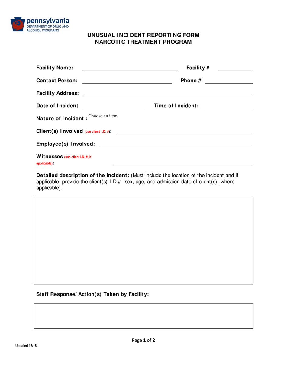 Unusual Incident Reporting Form - Narcotic Treatment Program - Pennsylvania, Page 1