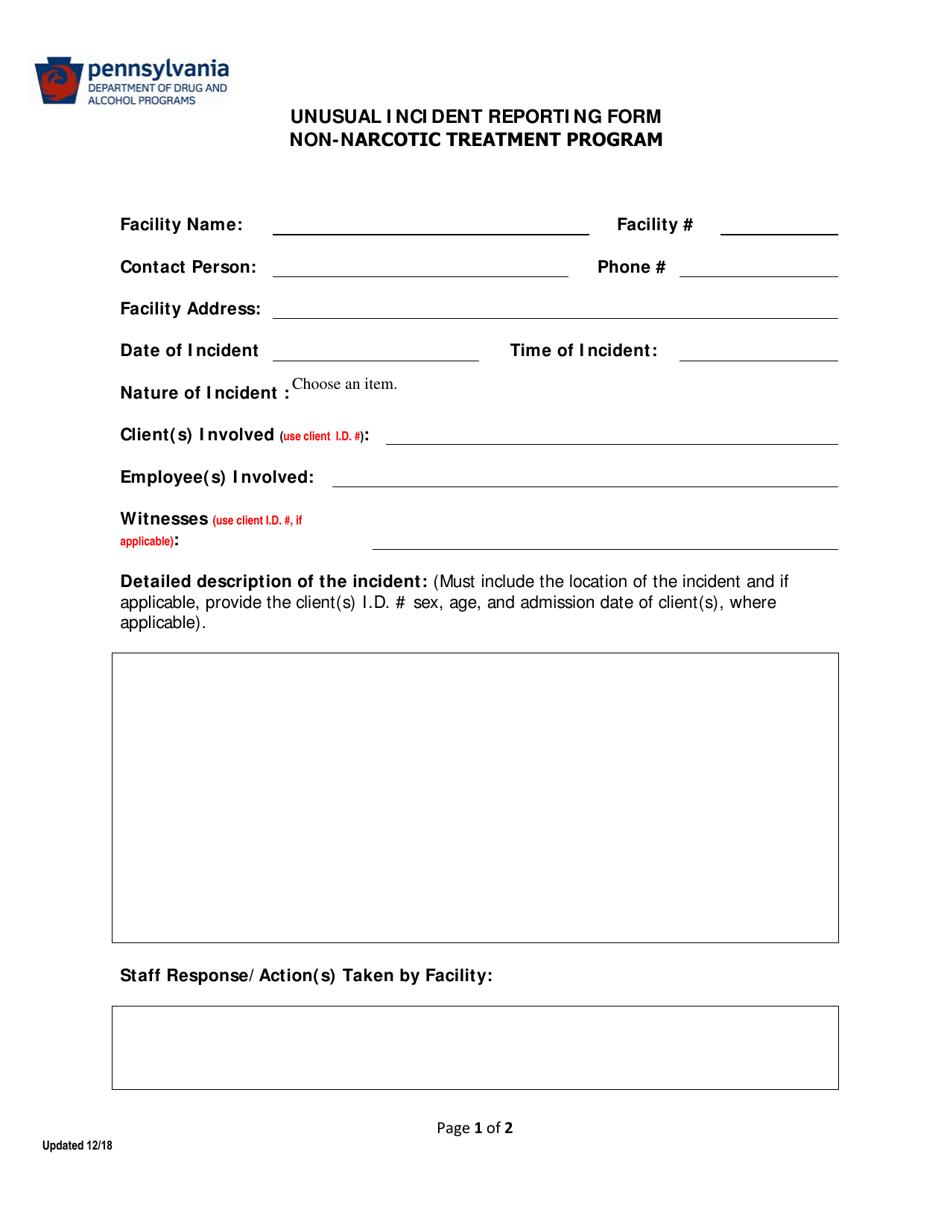 Pennsylvania Unusual Incident Reporting Form - Non-narcotic Treatment ...