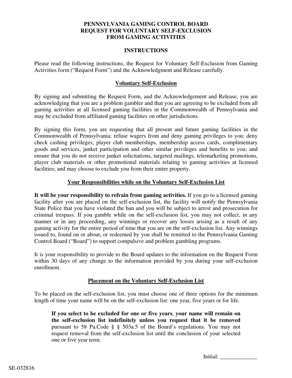 Request for Voluntary Self-exclusion From Gaming Activities - Pennsylvania, Page 1