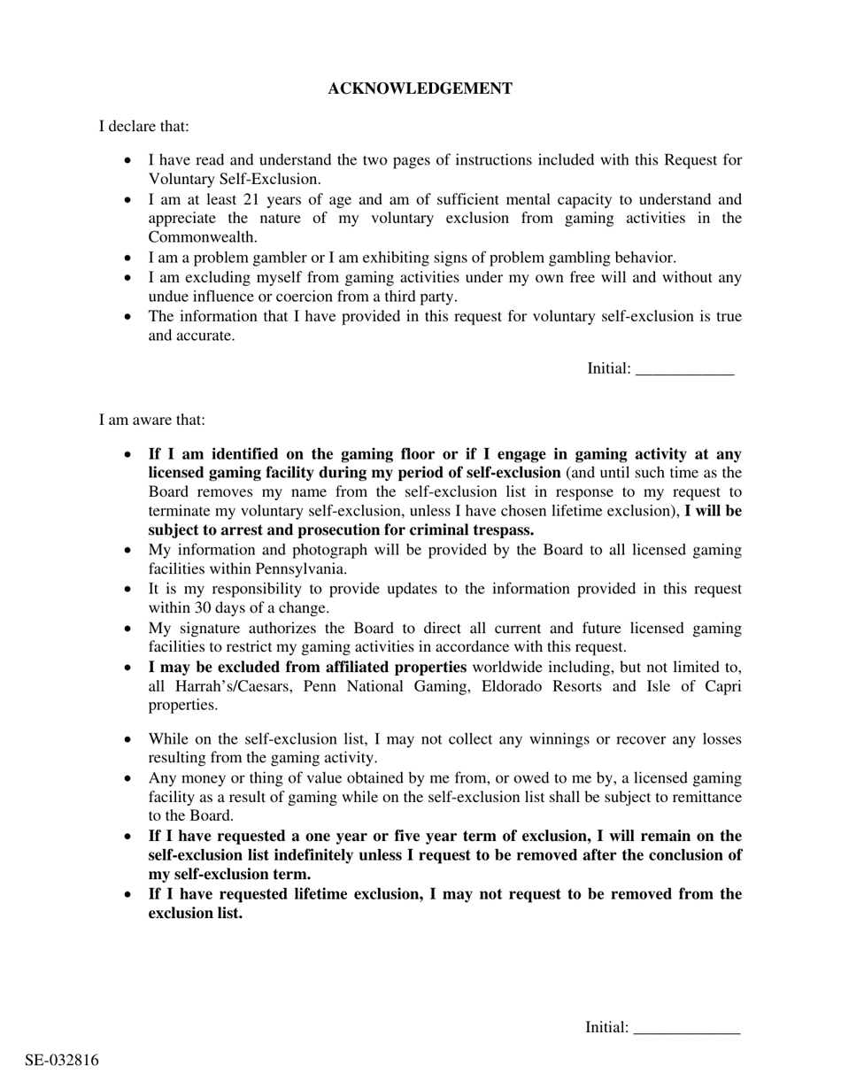 Pennsylvania Request for Voluntary Selfexclusion From Gaming