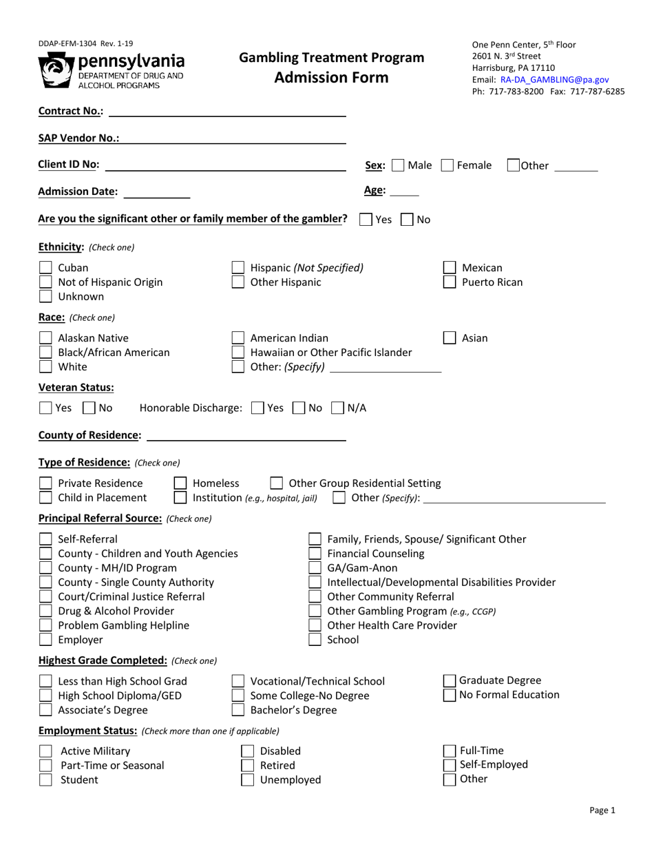 Form DDAP-EFM-1304 Gambling Treatment Program Admission Form - Pennsylvania, Page 1