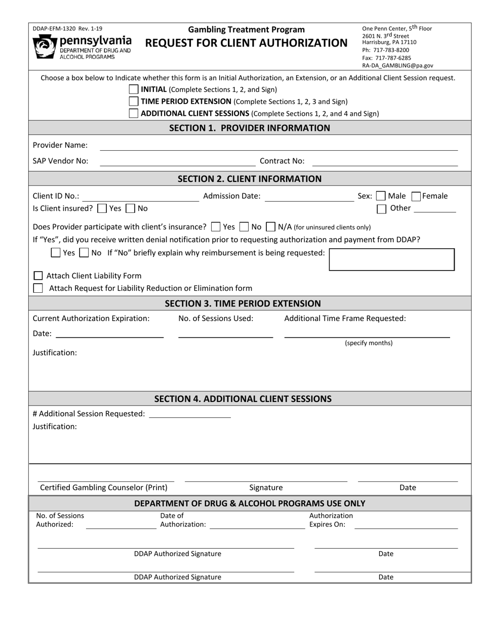 Form DDAP-EFM-1320 Request for Client Authorization - Pennsylvania, Page 1