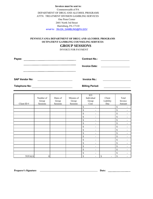 Gambling Invoice Form - Group Sessions - Pennsylvania