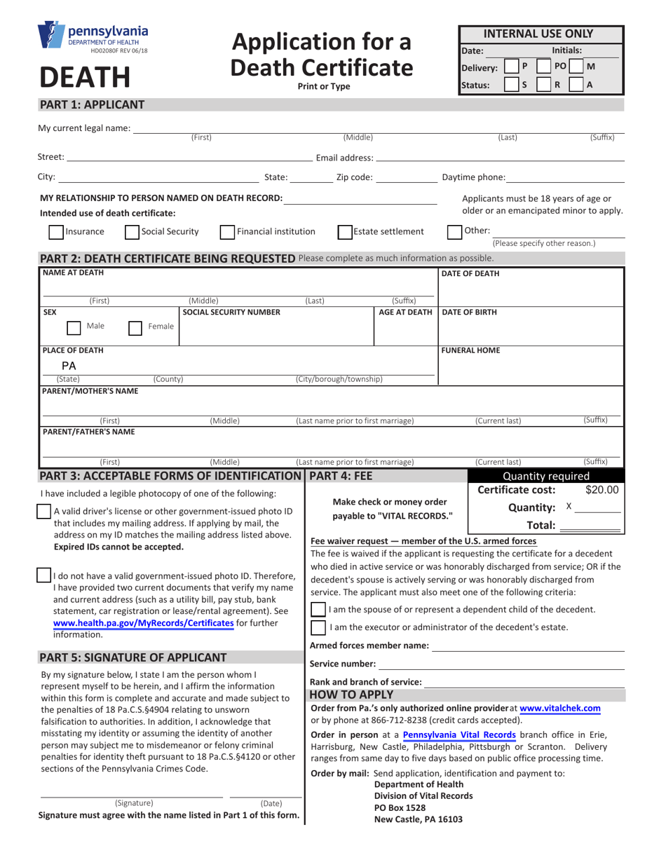 Form HD02080F Fill Out Sign Online And Download Fillable PDF   Form Hd 02080f Application A Death Certificate Pennsylvania Print Big 