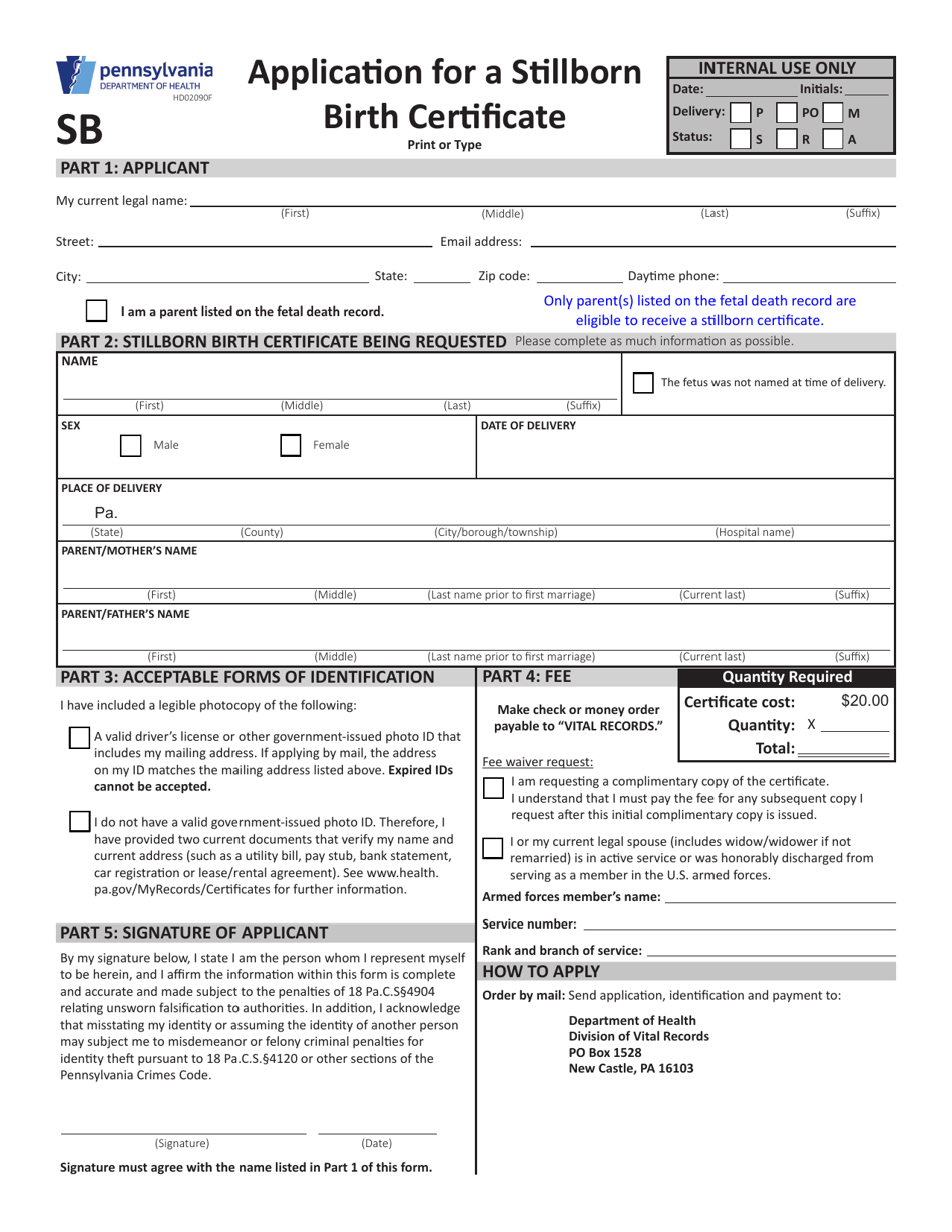 Form HD02090F Application for a Stillborn Birth Certificate - Pennsylvania, Page 1