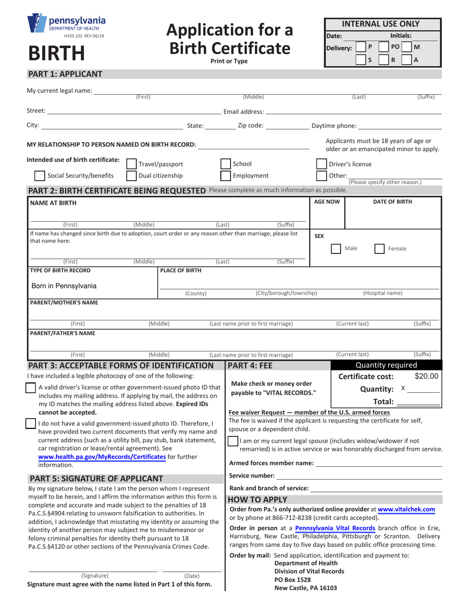 Form H105.102 Application for a Birth Certificate - Pennsylvania, Page 1