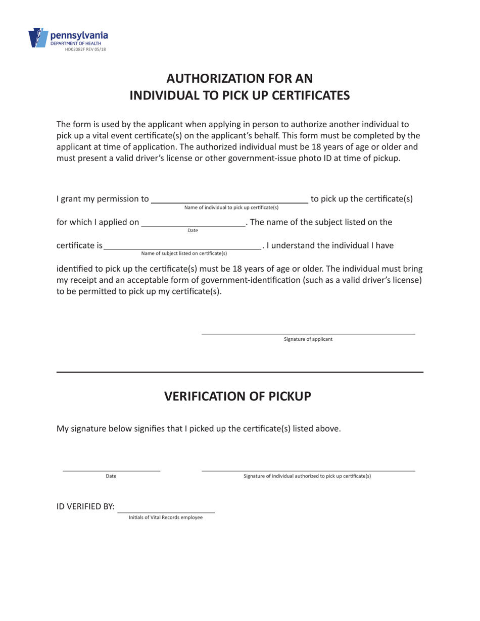 Form HD02082F Authorization for an Individual to Pick up Certificates - Pennsylvania, Page 1