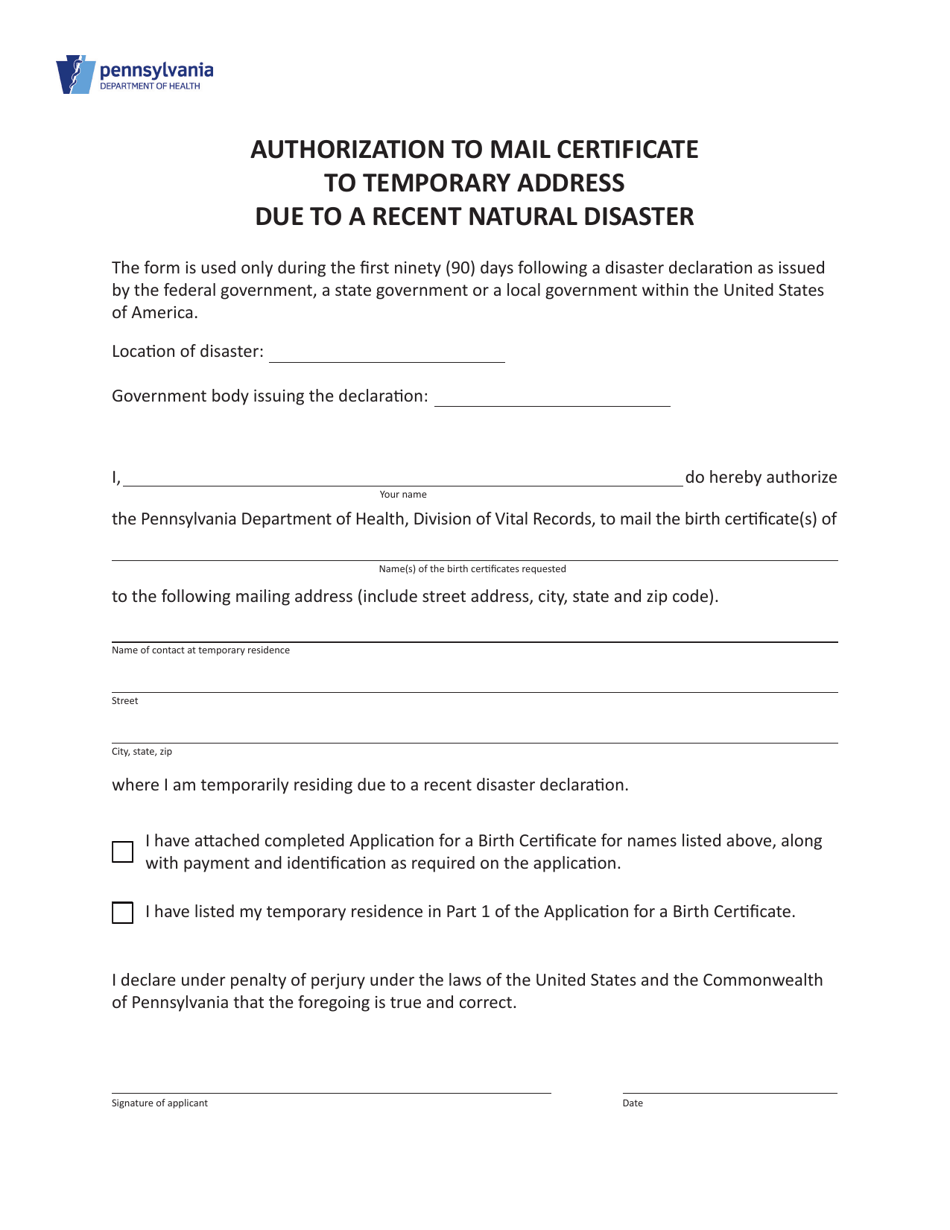 Pennsylvania Authorization to Mail Certificate to Temporary Address Due