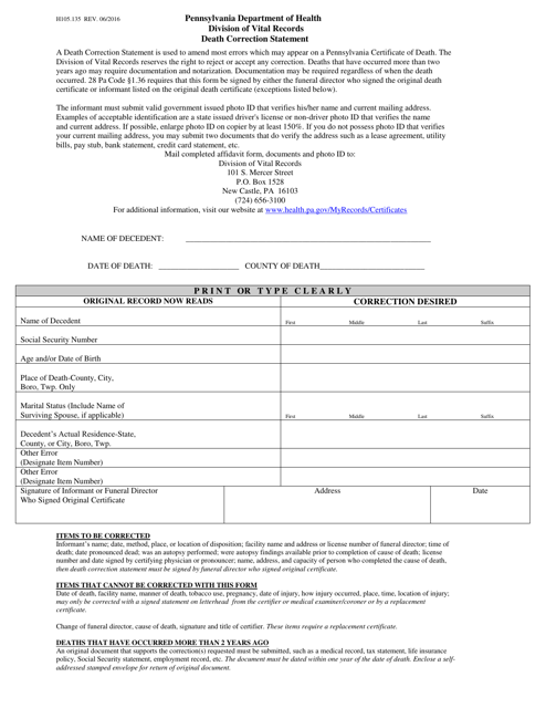 Form H105.135 Death Correction Statement - Pennsylvania