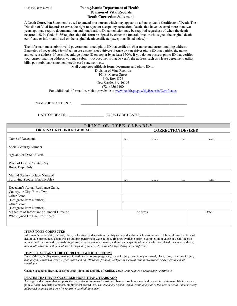 Form H105.135 Death Correction Statement - Pennsylvania, Page 1