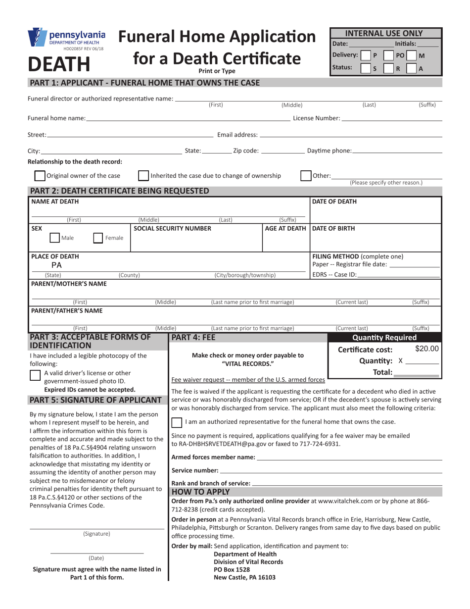 Form HD02085F Funeral Home Application for a Death Certificate - Pennsylvania, Page 1