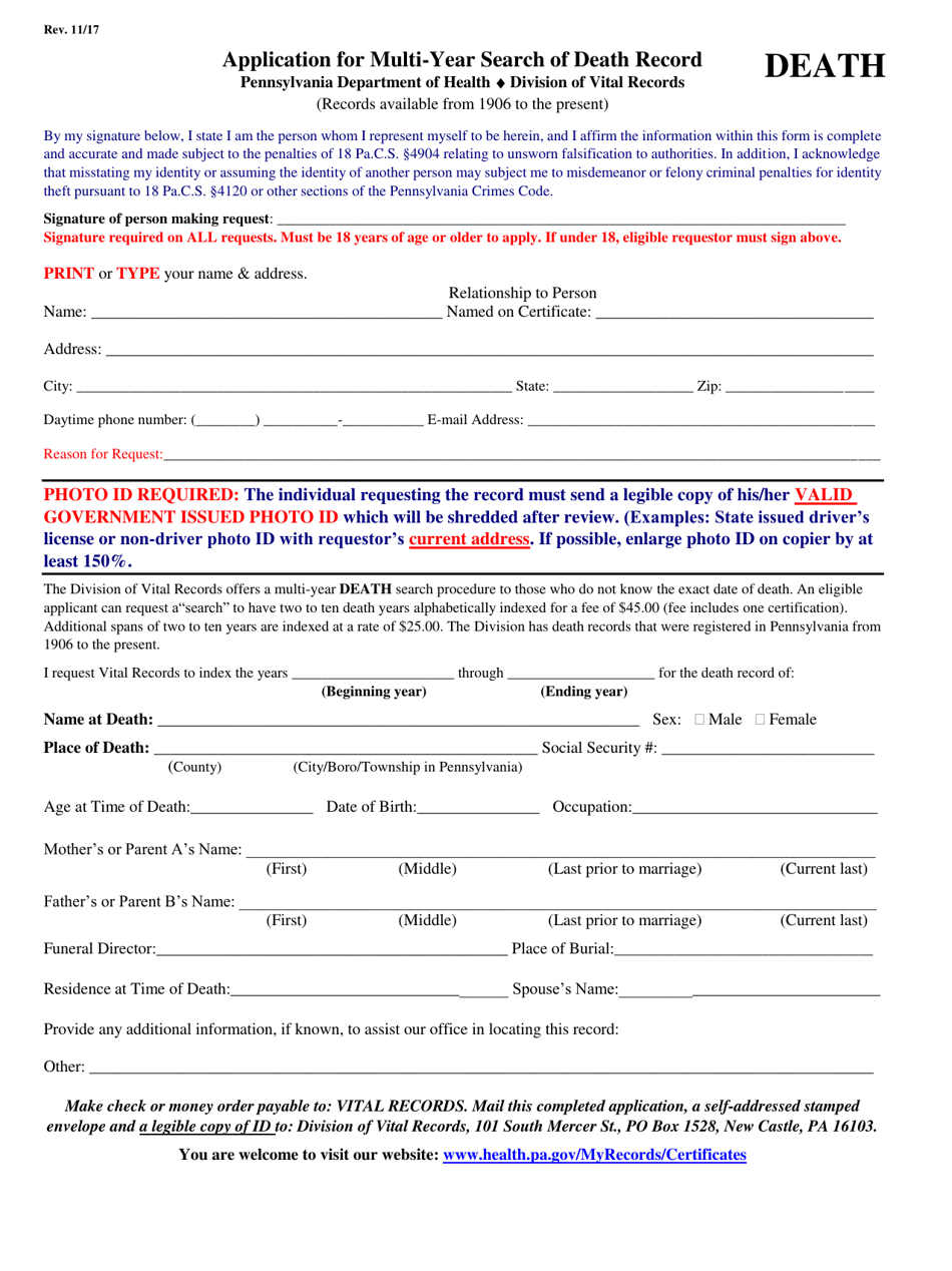 Application for Multi-Year Search of Death Record - Pennsylvania, Page 1
