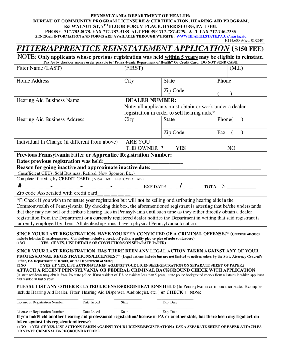 Form H114.600-A Fitter / Apprentice Reinstatement Application - Pennsylvania, Page 1