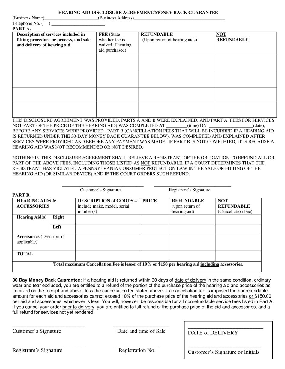 Hearing Aid Disclosure Agreement / Money Back Guarantee - Pennsylvania, Page 1