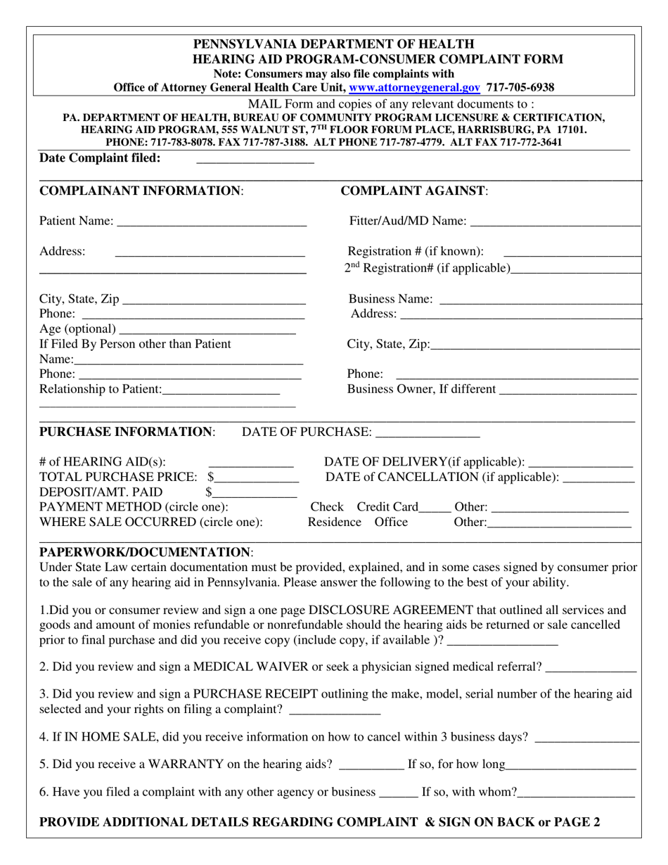 Hearing Aid Program-Consumer Complaint Form - Pennsylvania, Page 1