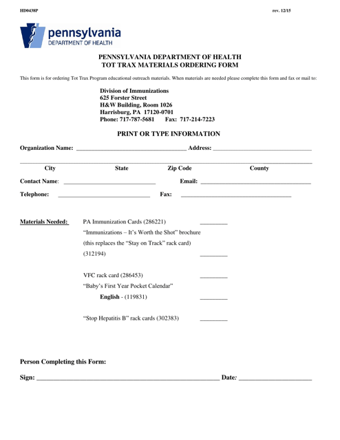 Form HD0438P Tot Trax Materials Ordering Form - Pennsylvania