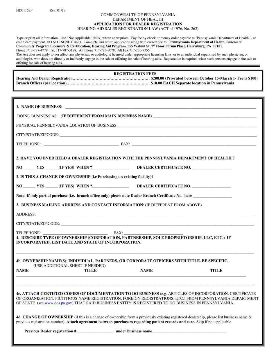 Form HD01157F Application for Dealer Registration - Pennsylvania, Page 1