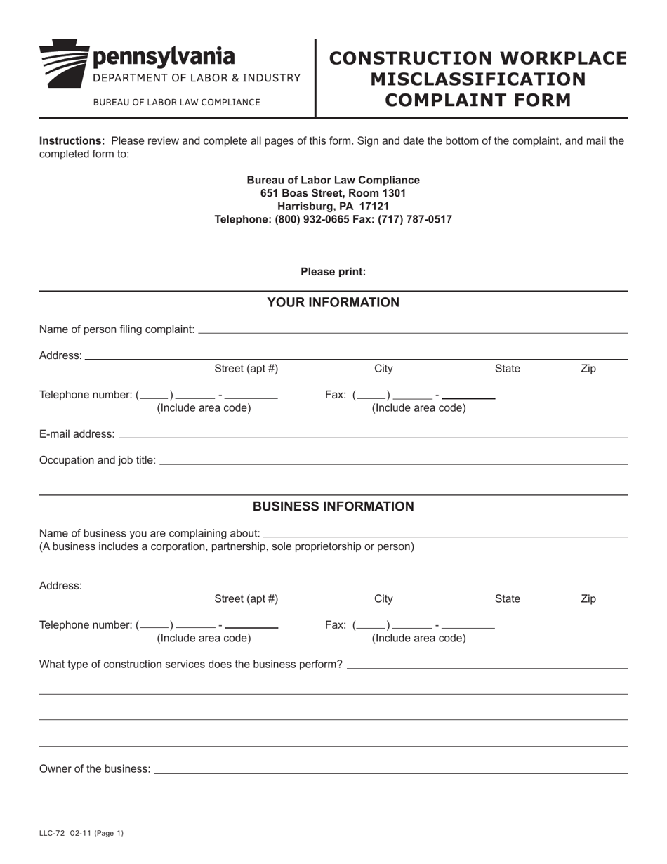 Form LLC-72 Construction Workplace Misclassification Complaint Form - Pennsylvania, Page 1