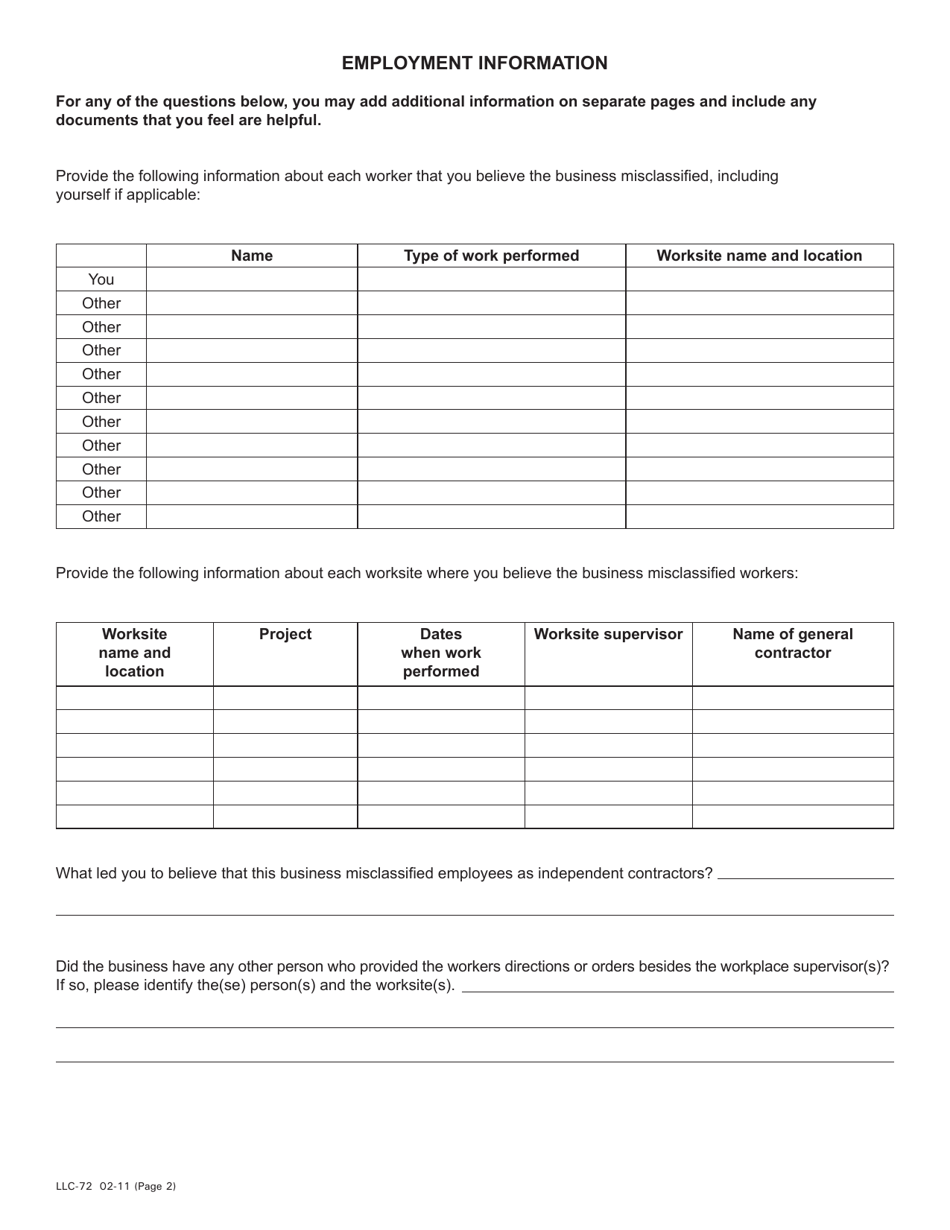 Form LLC-72 Construction Workplace Misclassification Complaint Form - Pennsylvania, Page 2