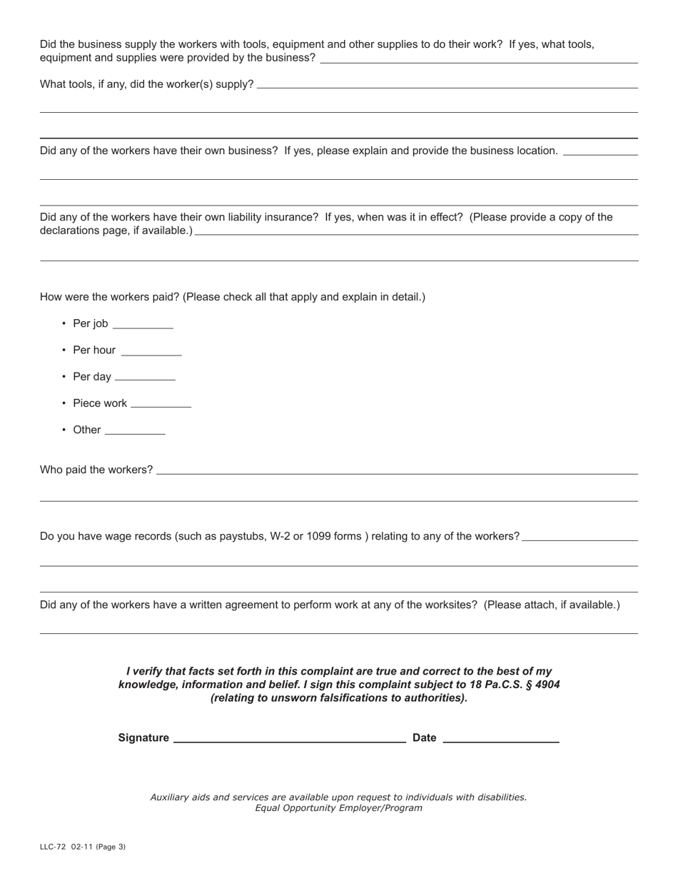 Form LLC-72 Construction Workplace Misclassification Complaint Form - Pennsylvania, Page 3