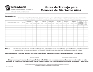 Document preview: Formulario LLC-17 Horas De Trabajo Para Menores De Dieciocho Anos - Pennsylvania (Spanish)
