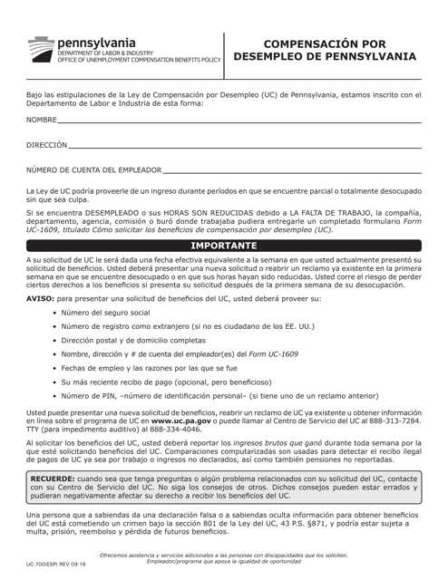 Formulario UC-700(ESP) Compensacion Por Desempleo De Pennsylvania - Pennsylvania (Spanish)