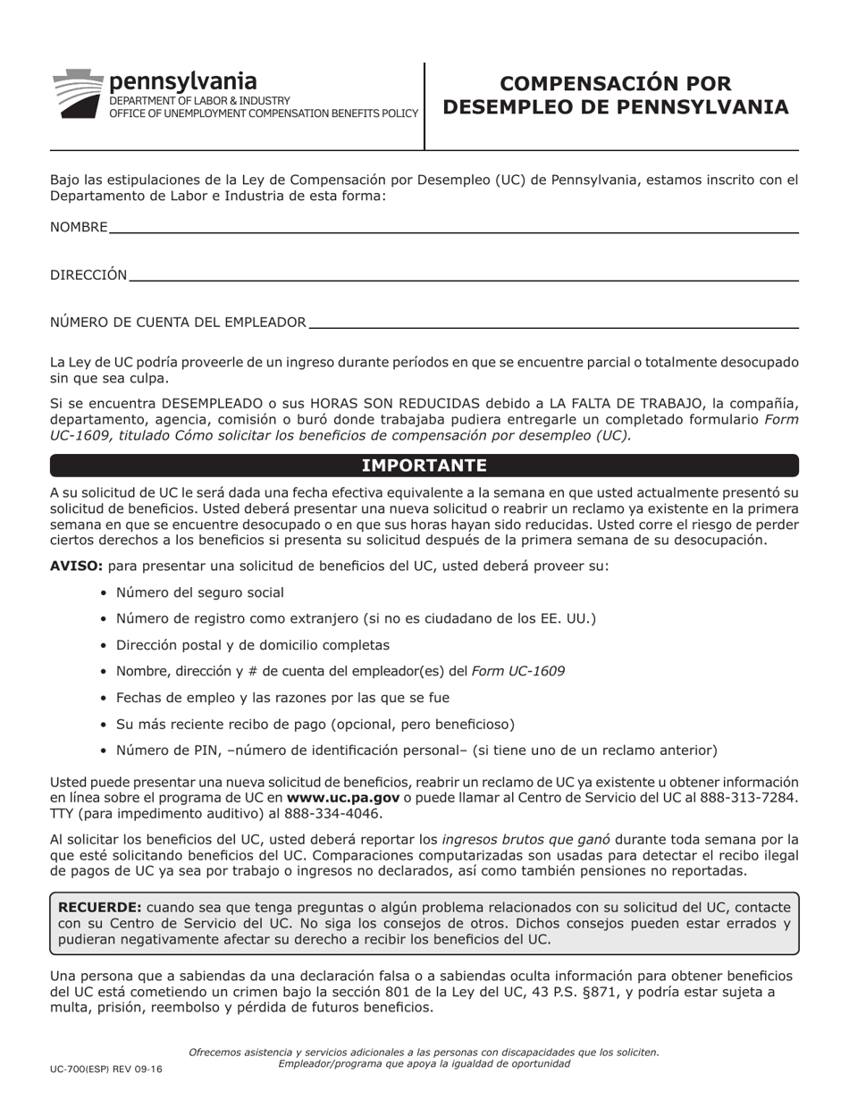 Formulario UC-700(ESP) Compensacion Por Desempleo De Pennsylvania - Pennsylvania (Spanish), Page 1