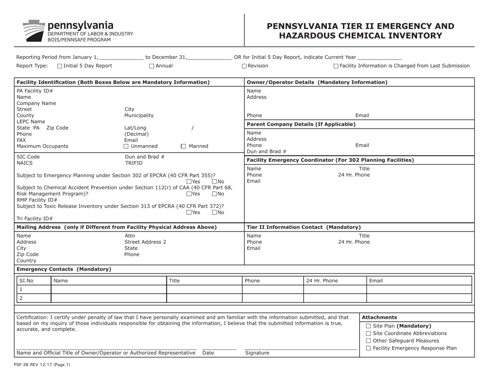 Form PSF-38 Pennsylvania Tier II Emergency and Hazardous Chemical Inventory - Pennsylvania, Page 1