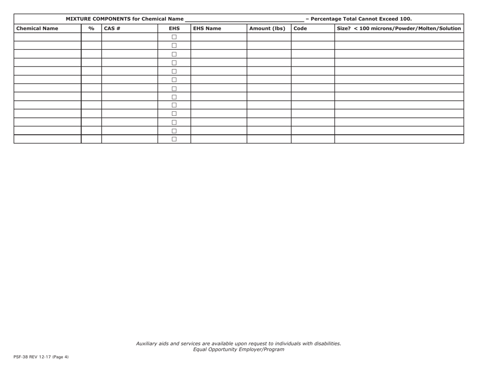 Form PSF-38 Pennsylvania Tier II Emergency and Hazardous Chemical Inventory - Pennsylvania, Page 4