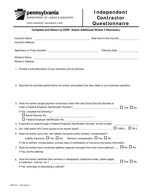 Form SWIF-831 Independent Contractor Questionnaire - Pennsylvania