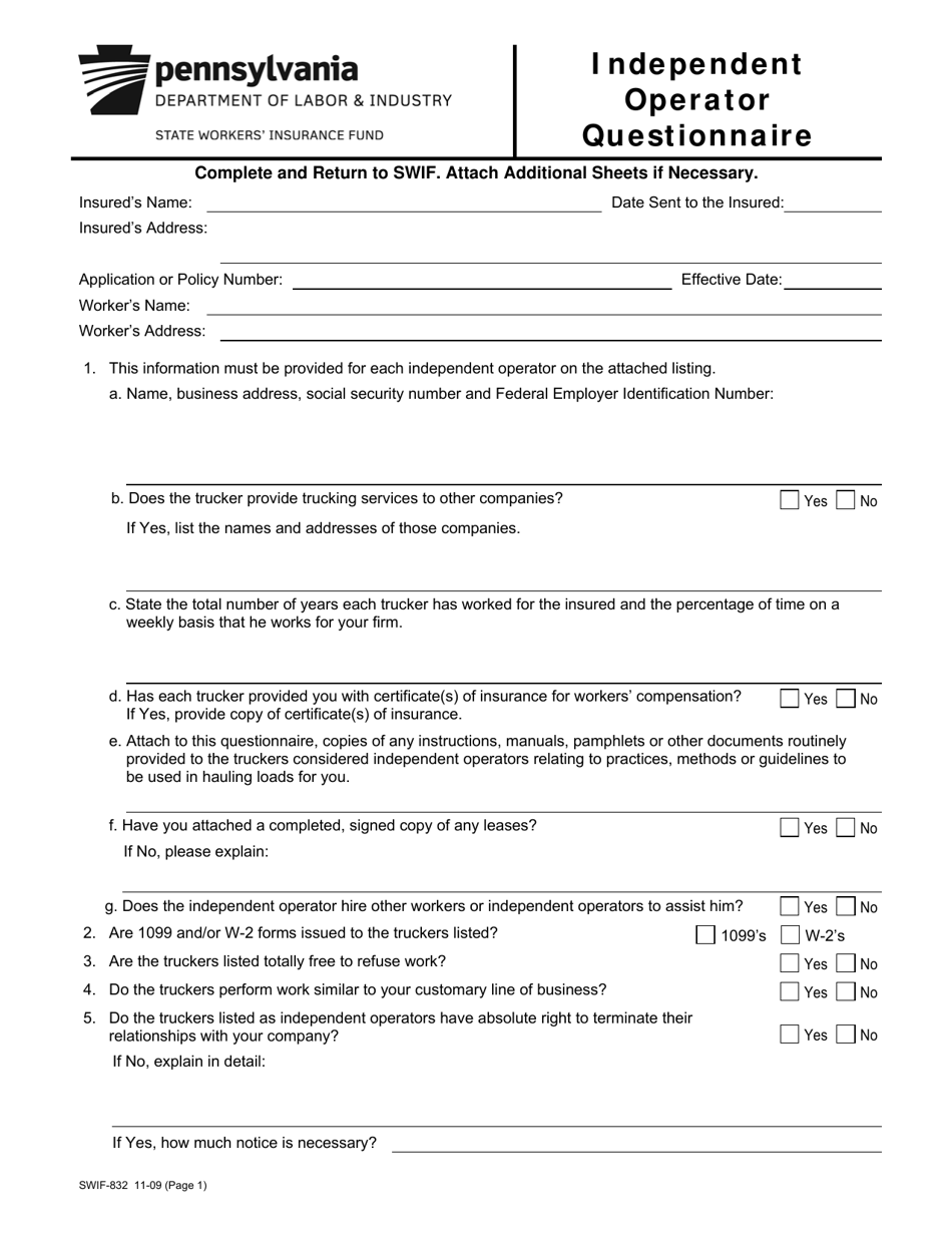 Form SWIF-832 Independent Operator Questionnaire - Pennsylvania, Page 1