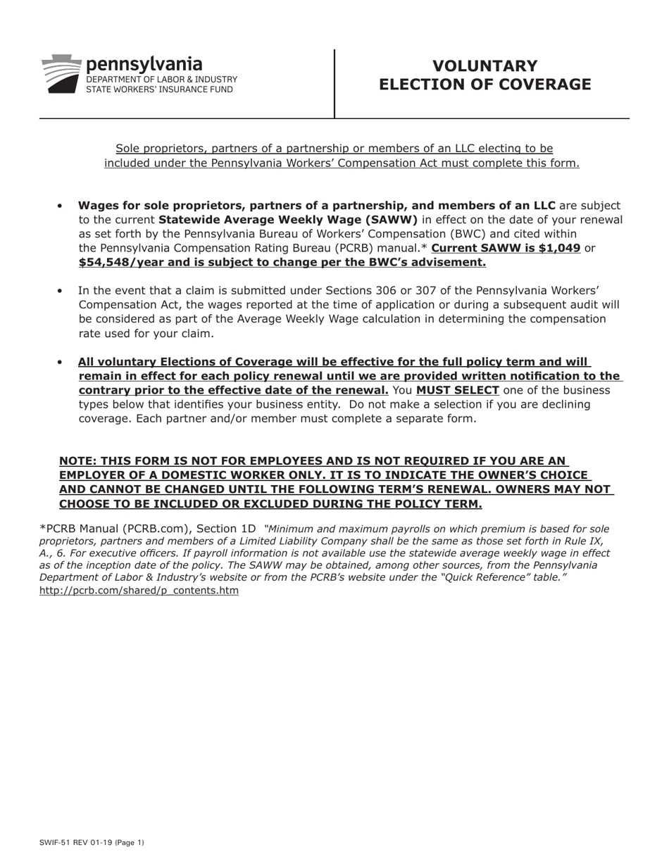 Form SWIF-51 Voluntary Election of Coverage - Pennsylvania, Page 1