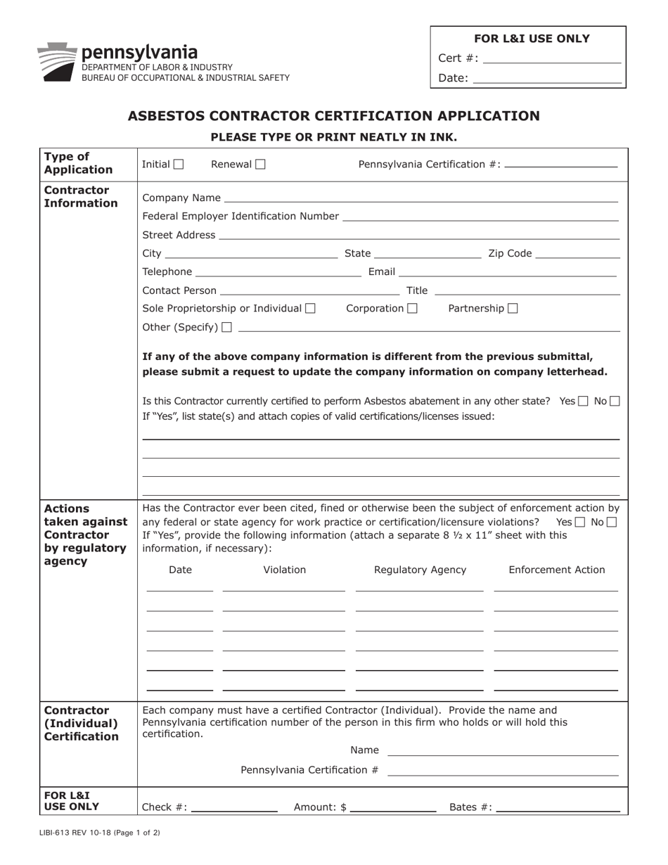 Form LIBI-613 Asbestos Contractor Certification Application - Pennsylvania, Page 1