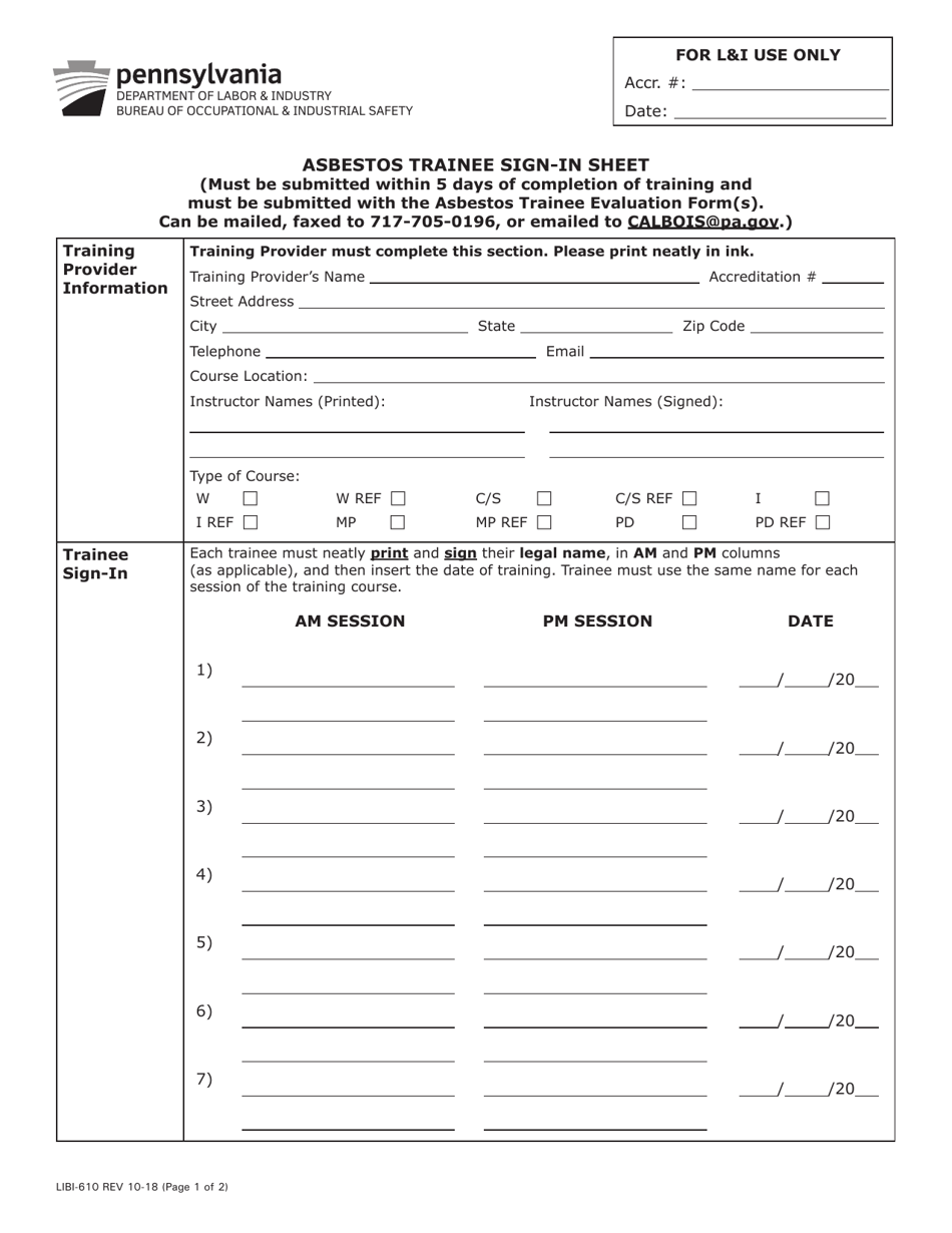 Form LIBI-610 Asbestos Trainee Sign-In Sheet - Pennsylvania, Page 1