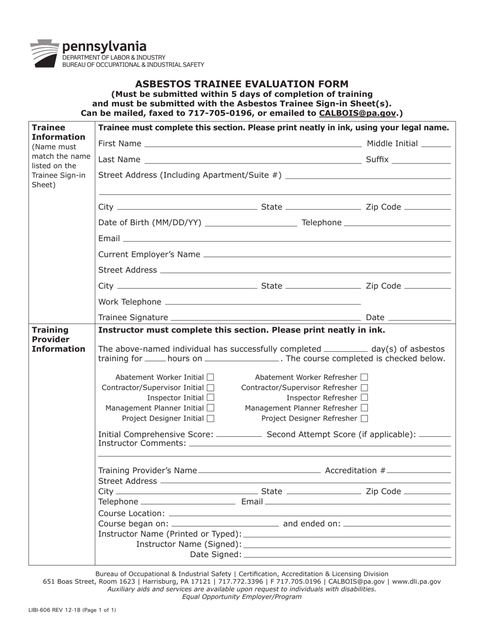 Form LIBI-606 Asbestos Trainee Evaluation Form - Pennsylvania, Page 1