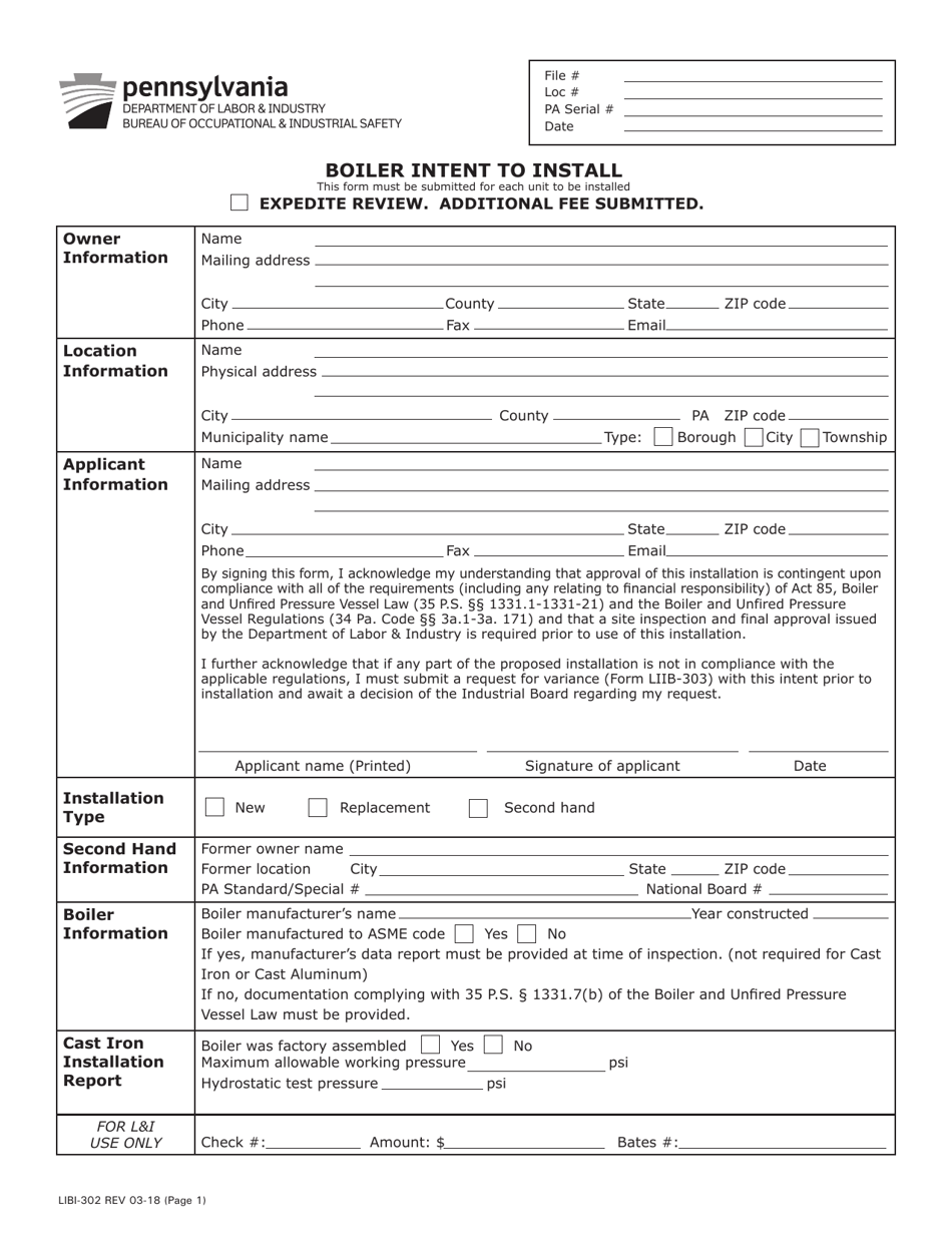 Form LIBI-302 Boiler Intent to Install - Pennsylvania, Page 1