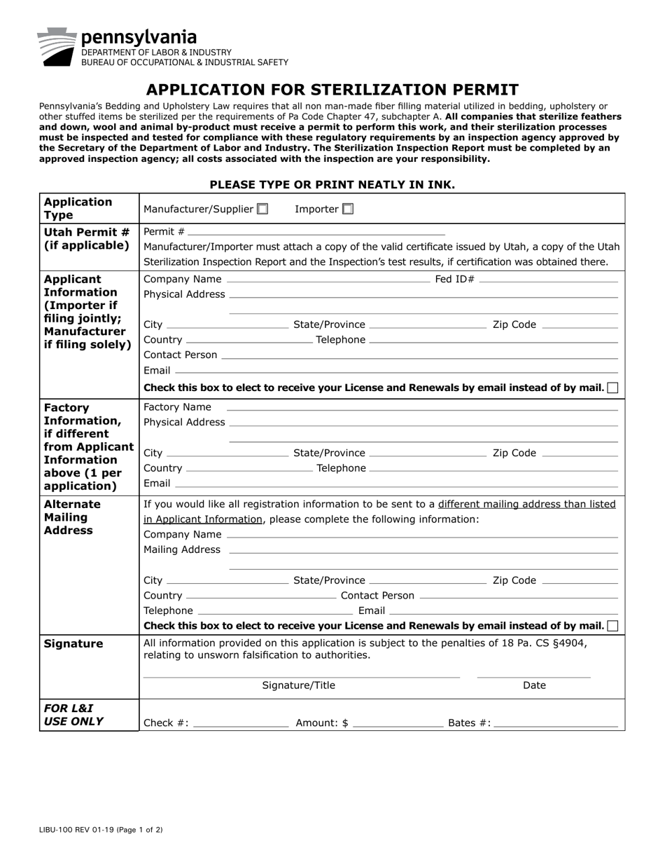 Form LIBU-100 Application for Sterilization Permit - Pennsylvania, Page 1