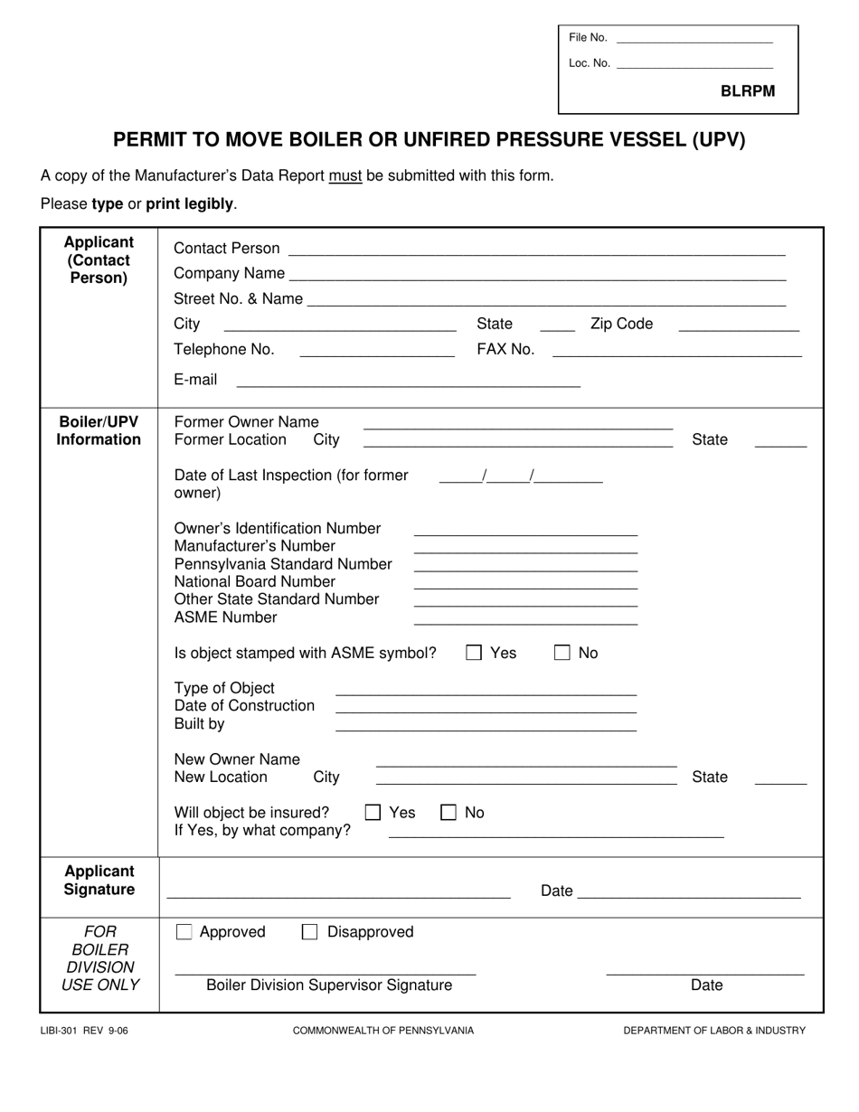 Form LIBI-301 Permit to Move Boiler or Unfired Pressure Vessel (Upv) - Pennsylvania, Page 1