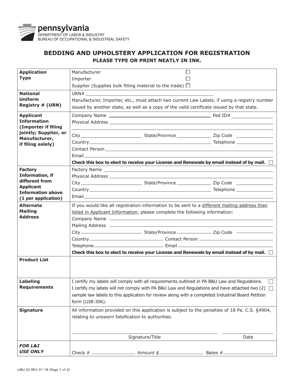 Form LIBU-32 Bedding and Upholstery Application for Registration - Pennsylvania, Page 1