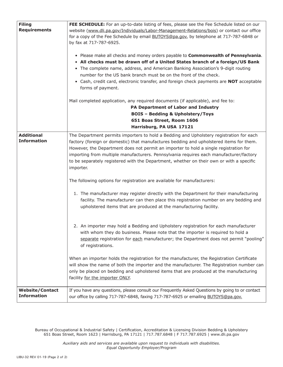Form LIBU-32 Bedding and Upholstery Application for Registration - Pennsylvania, Page 2