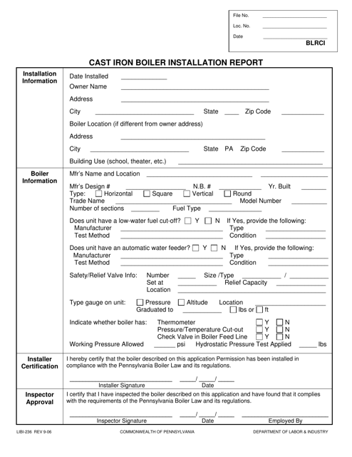 Form LIBI-236 Cast Iron Boiler Installation Report - Pennsylvania