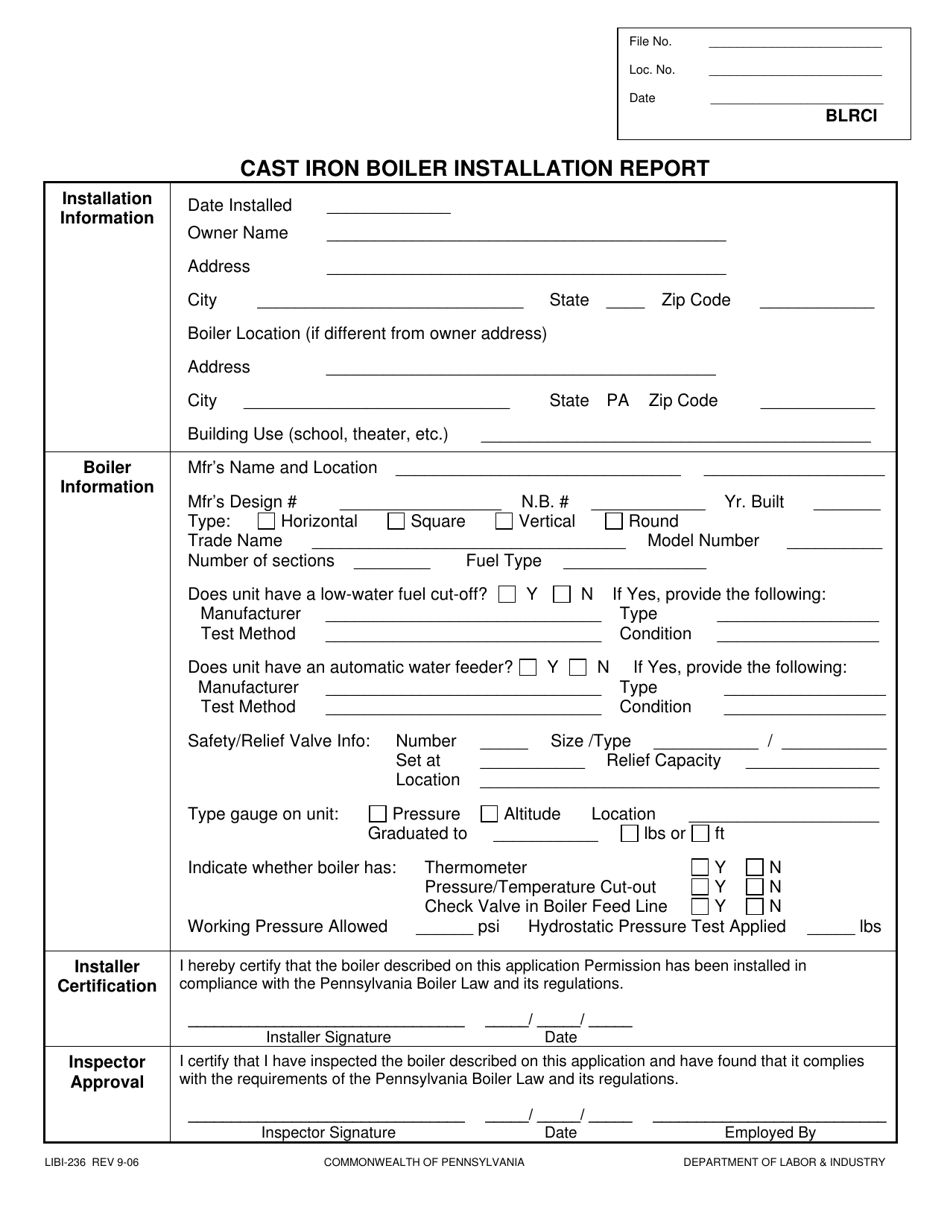 Form LIBI-236 Cast Iron Boiler Installation Report - Pennsylvania, Page 1